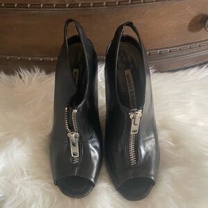 Manolo Blahnik Black Leather Peep-Toe Slingback Booties with Silver Zipper